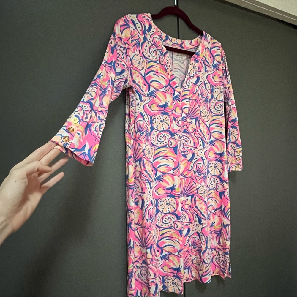 Lilly Pulitzer Dress Cotton Patterned Long Sleeve Mini Sea Shell V Neck Starfish